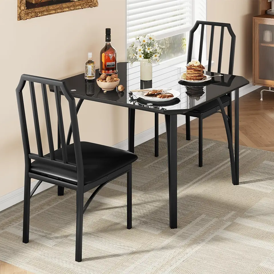 Wooden Table & Chair Set,Dining Table Set for 2 with Upholstered Chairs,2-Person Kitchen Table Set, Easy to Assemble Compact Dining Room Set for Apartments & Small Spaces