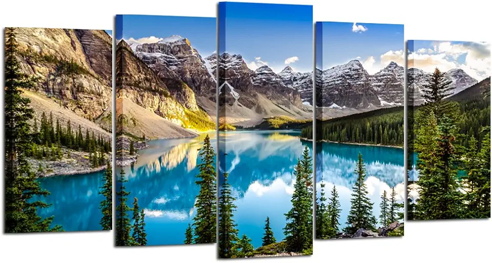 KREATIVE ARTS - 5 Pieces Canvas Prints Wall Art Canada Moraine Lake And Rocky Mountain Landscape Pictures Modern Canvas Painting Giclee Artwork For Home Decoration (Large Size 60x32inch)