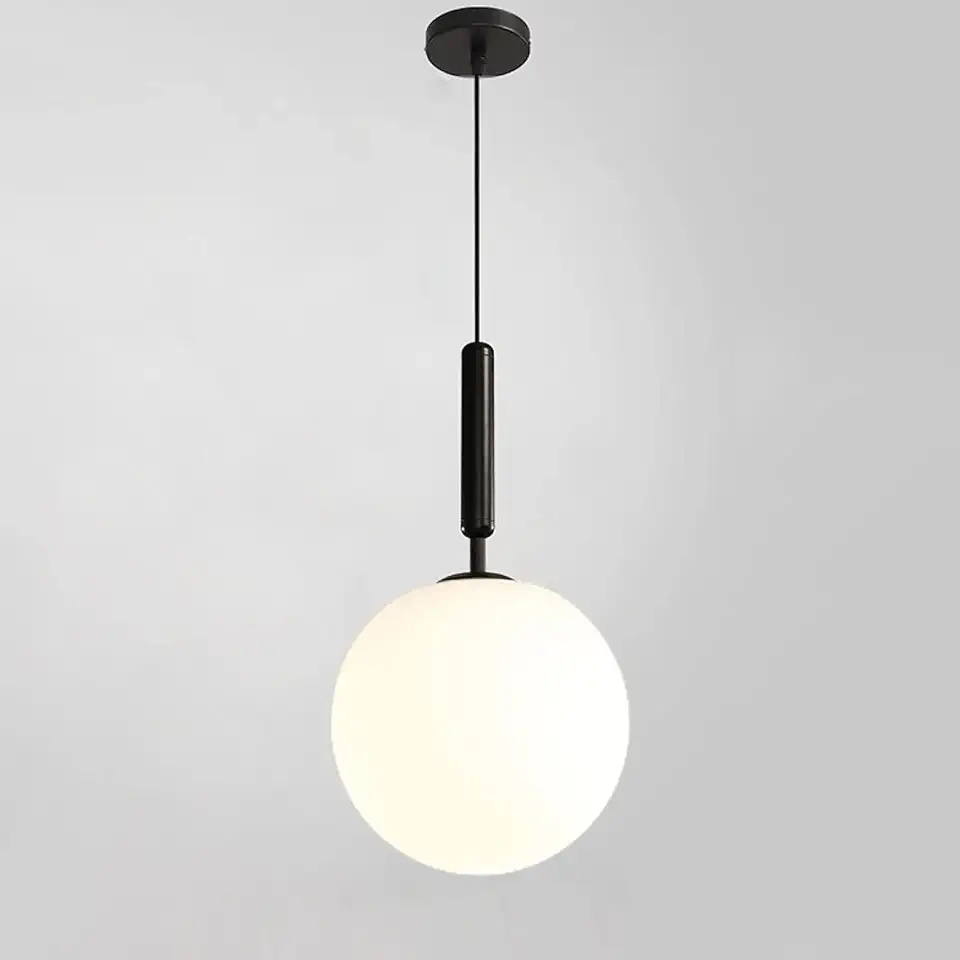 Nordic 12W Adjustable Glass Ball Pendant Light, Milk White Globe Lamp Shade, Modern Hanging Lamp for Bedroom & Dining Table, Black & Warm White - 25cm