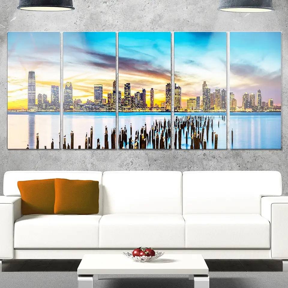 Designart Jersey City Panorama at Sunset-Cityscape Glossy Metal Wall Art, 60x28-5 Equal Panels, Green
