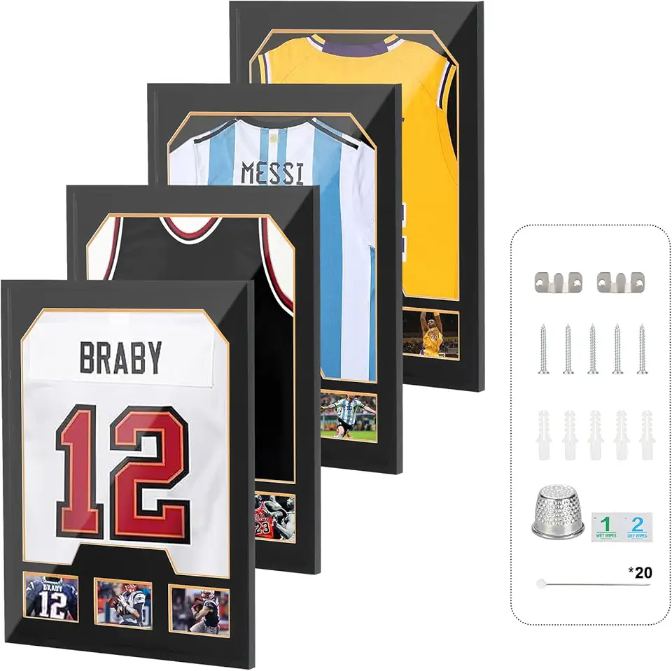 Nice C Jersey Frame Display Cases, Jersey Frame with Picture Slots, Jersey Shadow Box Display Case, 98% UV Protection, Football, Basketball (4 Pack, Black&Gold)