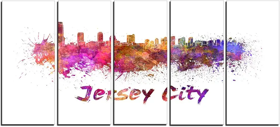 Designart Jersey City Skyline-Cityscape Metal Wall Art-MT6601-60x28-5, 60 x 28 in-5 Equal Panels