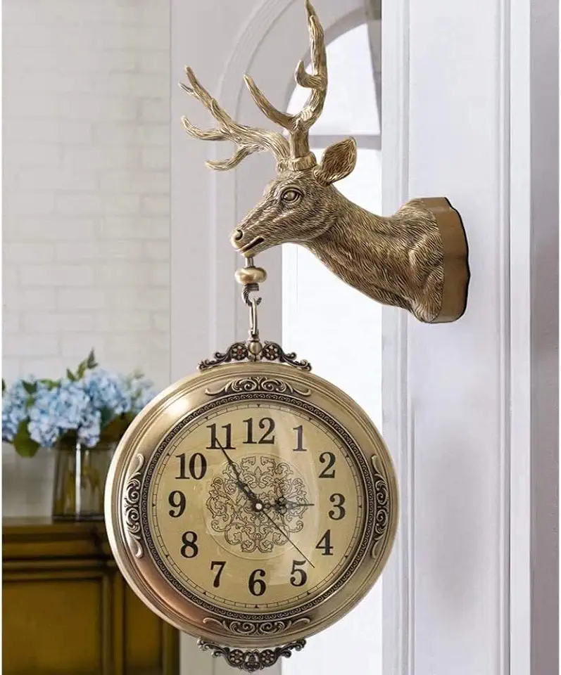 Wall Clock Vintage 360 Degrees Rotate Double-Sided Deer Creative Silent Art Decor for Living Room Decoration
