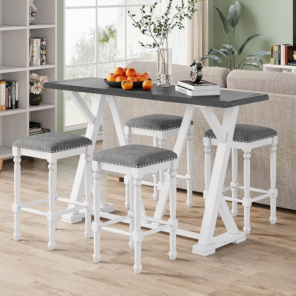 Counter Height 5-Piece Dining Set, Dining Table Sets with Restle Legs and 4 Stools,5-Piece Console Table Set Compatible with Kitchen, Dining Room, Small Space,Grey(White)