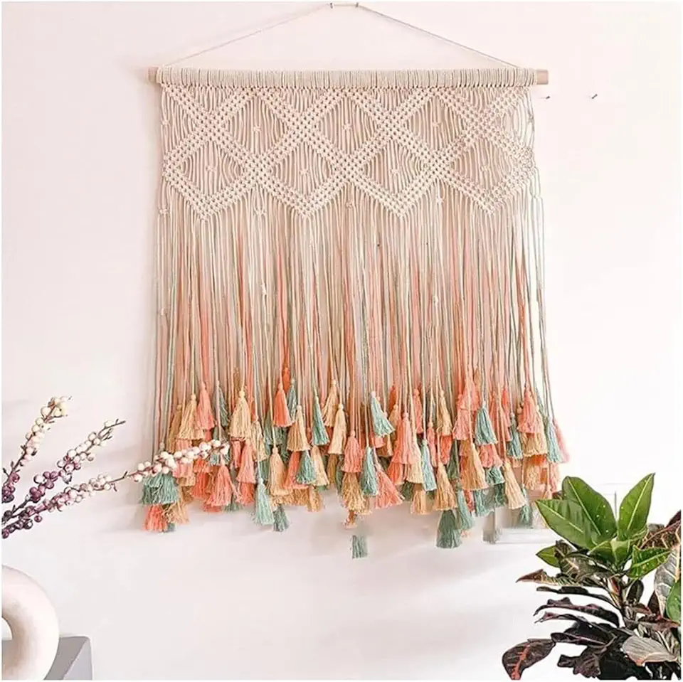 Woven Tapestry Wall Hanging Tassel Wall Hanging Handwoven Tapestries for Homestays/Home Furnishings/Hotels, Colored Cotton Thread and Wooden Rod Woven Wall Pendant(170x90cm)