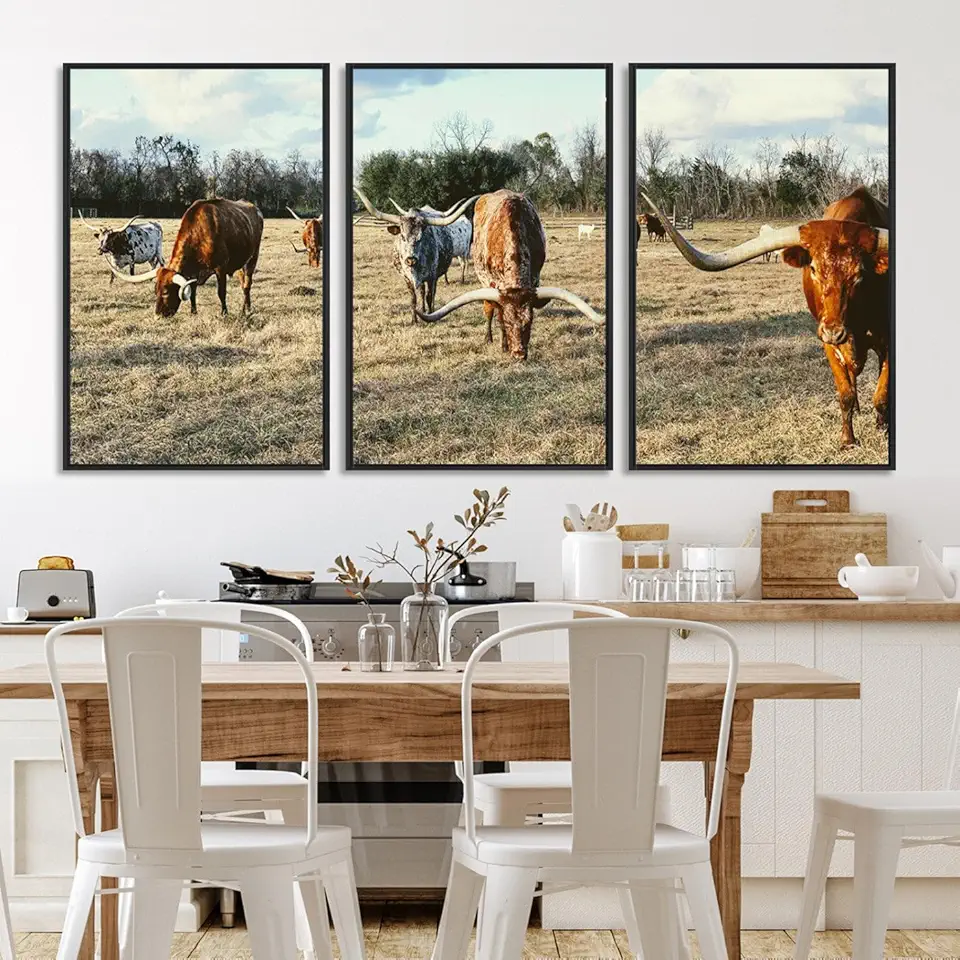 Texas Longhorns Wall Art Canvas Print, Framed Rustic Farm Scene Art Picture Print, Western Cattle 3 Panel Floating Frame/Black / 90