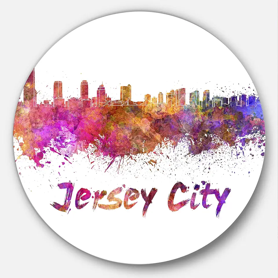 Designart Jersey City Skyline Cityscape Circle Wall Art-Disc of 23 inch, 23'' H x 23'' W x 1'' D 1P, Purple/Yellow/Red/Pink