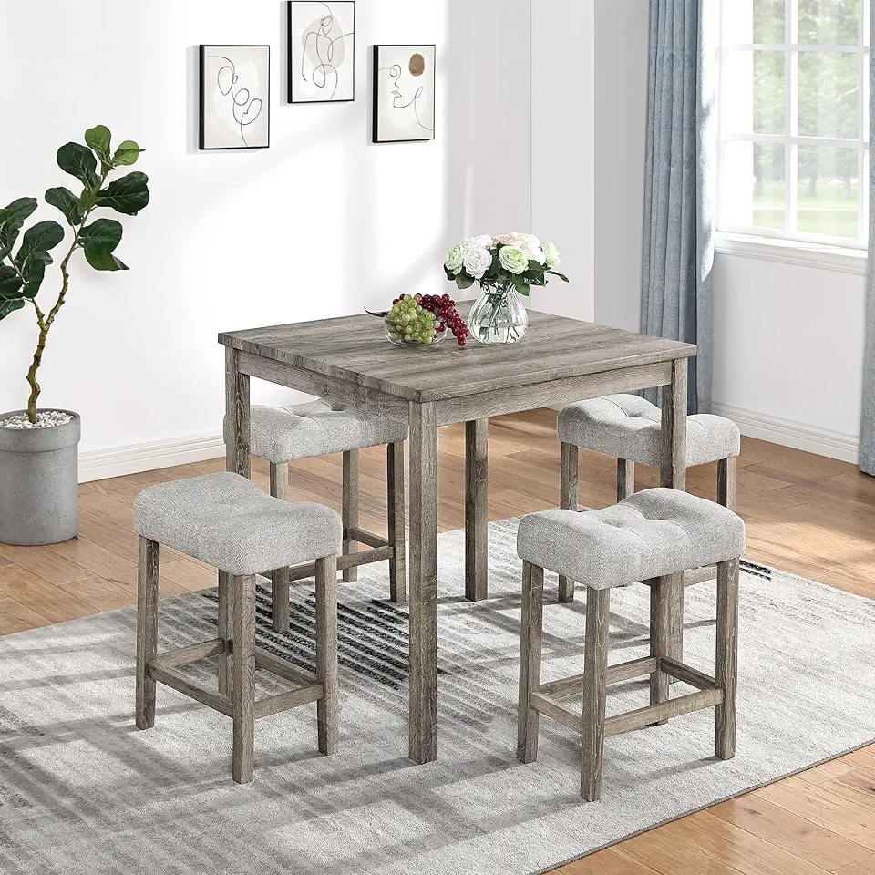 Polibi 5-Piece Counter Height Dining Set, Space-Saving Wooden Square Dining Table with 4 Upholstered Stools, Brown Table + Gray Stools