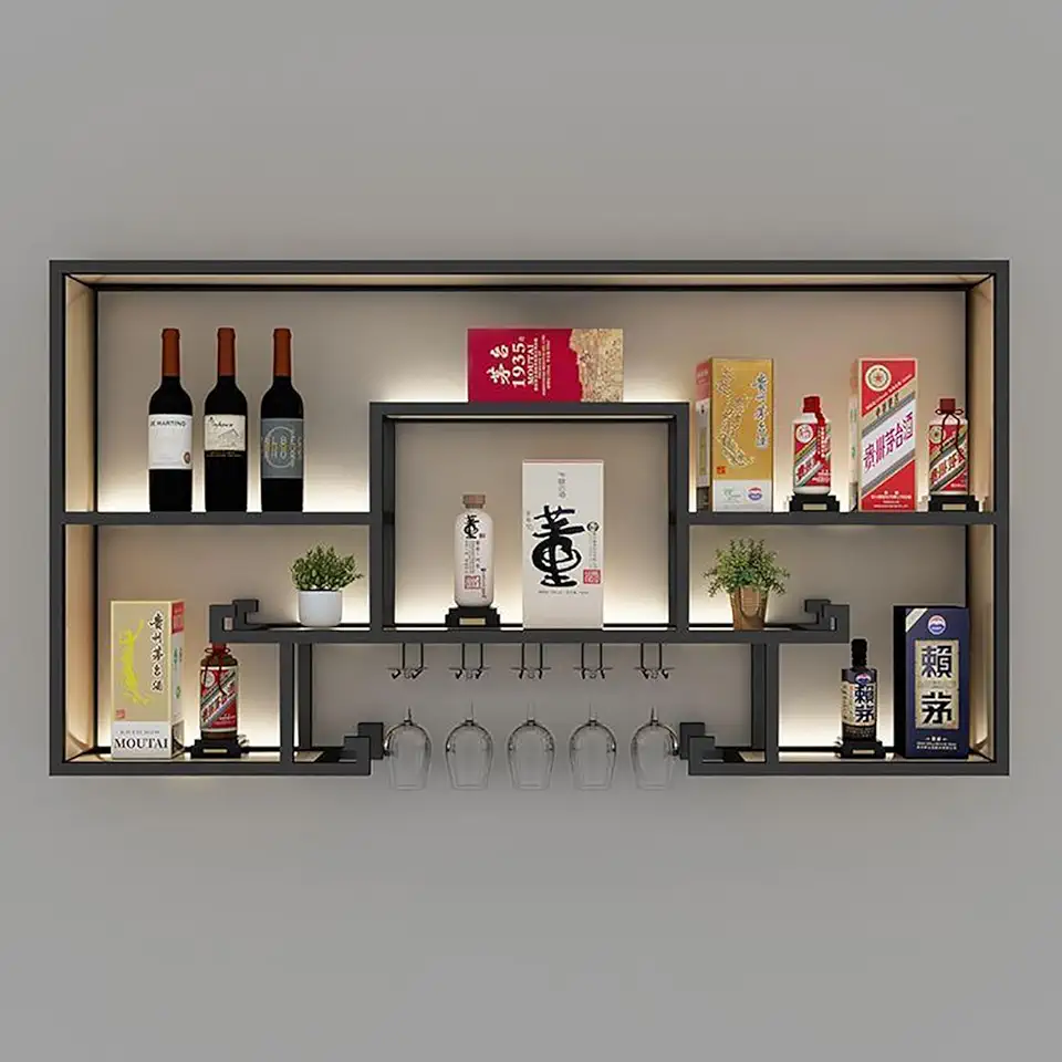 Wall Mounted Wine Rack With Wine Glass Holder Hanging Floating Wall Stemware Holder Shelves With LED Light Modern Iron Art Wine Bottles Storage Display Shelf For Living Room Kitchen Bar(Black,180cm/70