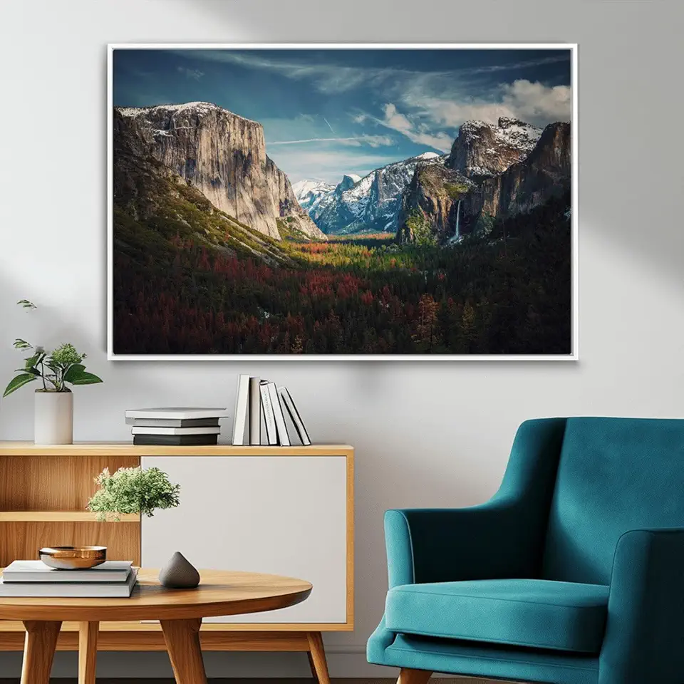 Yosemite National Park Wall Art Canvas Print, Framed Mountain Landscape Art Picture Print, El 3 Panel Floating Frame/Natural / 90
