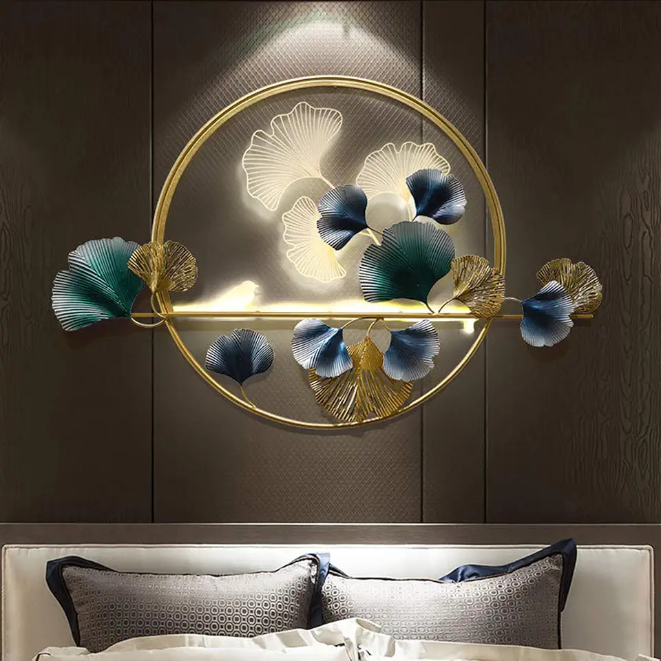 MObyat Wall Decor,3D Decorative Hanging Wall Decor, Large Round Metal Wall Artwork Decoration, Glowing Ginkgo Leaf and Bird on the Branch, for Entryway Office Bar Cafe, 48