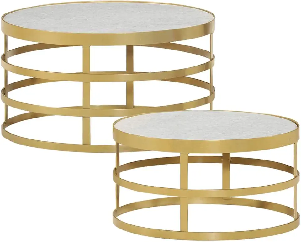 Coffee Table Set of 2 Brass and White Marble, Steel Small end Tables Living Room Dining Table Living Room Furniture for Bedroom Office