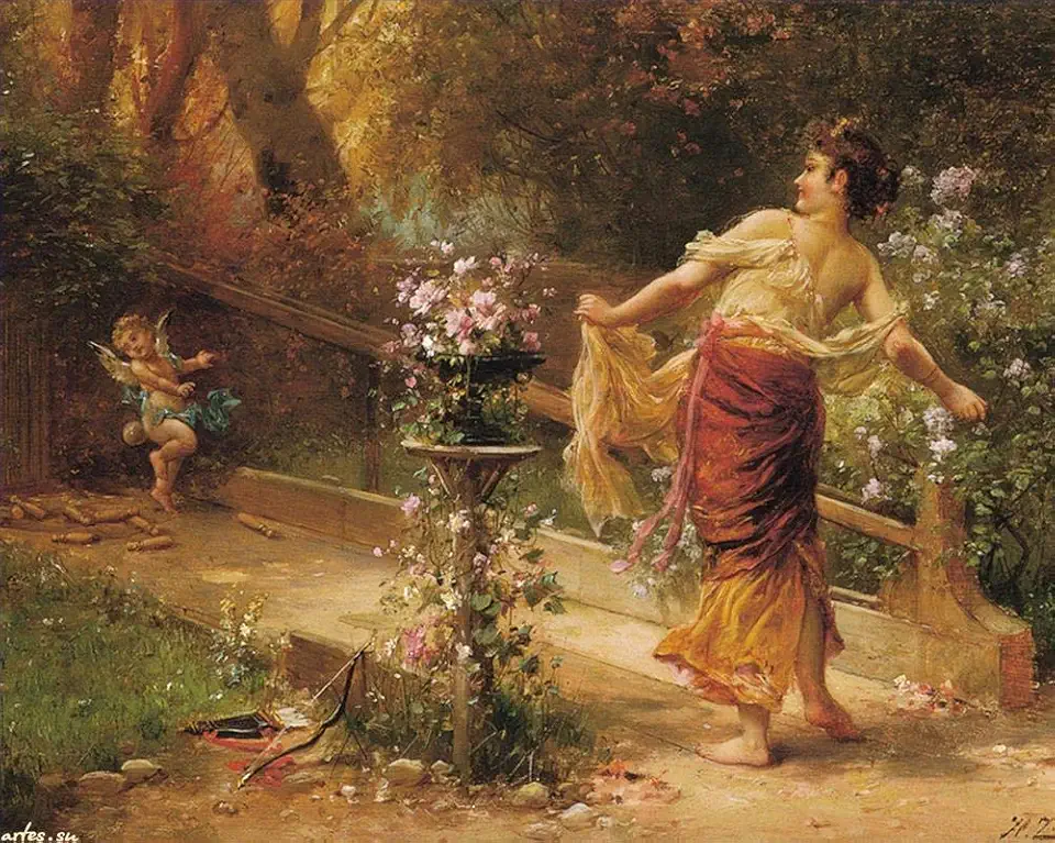 2 Paintings floral angel with girl Hans Zatzka beauty cupid idyllic in floral fantasy landscape Oil Art on Canvas - Famous Artworks -Size04, $50-$2000 Hand Painted by Art Academies' Teachers