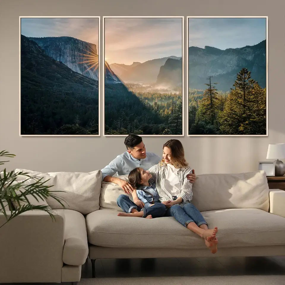 Yosemite Valley Wall Art Canvas Print, Framed Mountain Art Picture Print, National Park Perfect 3 Panel Floating Frame/Natural / 90