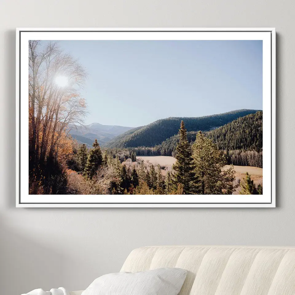 Sami Eymur Rustic Landscape Wall Art Canvas Print – Serene Valley Scene Pine Tree Horizon Nature Artwork for Home Office 3 Panel Floating Frame/Natural / 90