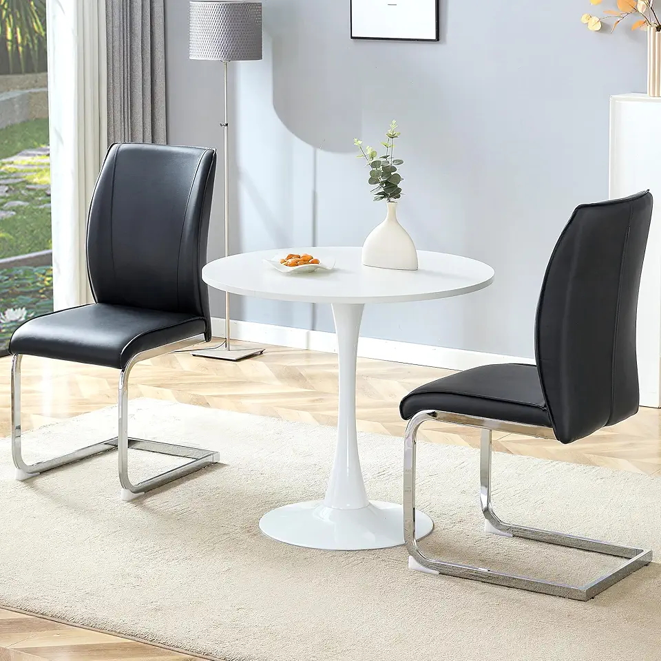 Modern Round Dining Table Set, White and Black, 31.9 Inch MDF Top with Chrome Metal Base, 2 PU Leather Chairs, Contemporary Style,Suitable for Dining Room/Living Room/Kitchen