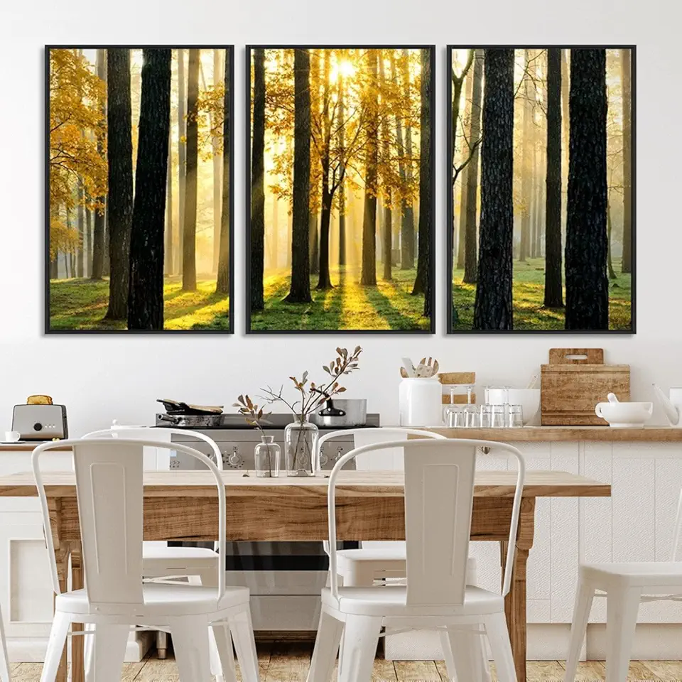 Sunlit Forest Wall Art Canvas Print - Large Framed Woodland Wall Art for Home or Office Decor, 3 Panel Floating Frame/Black / 90