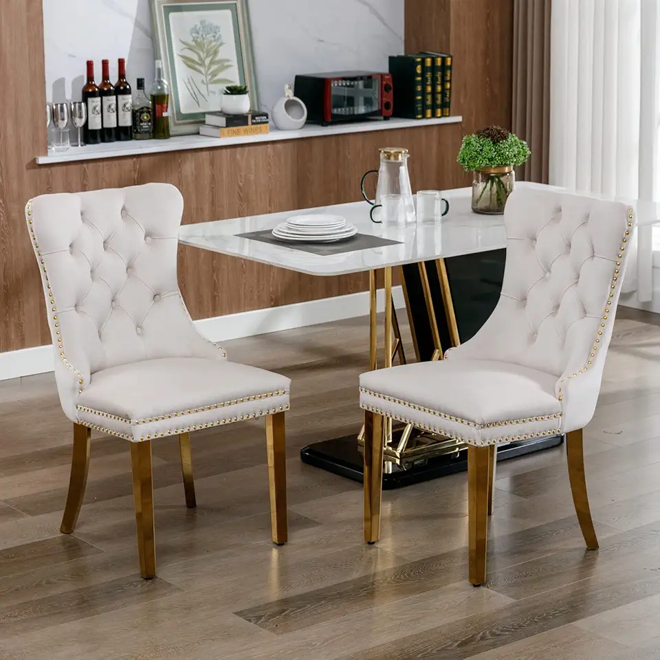 Modern Dining Chairs,Velvet Fabric Upholstered Chair with Legs,Elegant American Design,Comfortable Cushion Seat,Applicable to Front Porch,Outdoor Lounge,Garden,Patio,Reception Room,Foam-Beige-Velvet