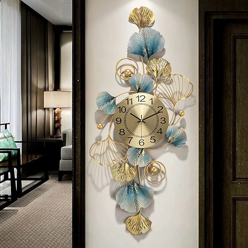 Wall Clock Modern Art Wall Clock Oversized Metal Ginkgo Leaves Wall Clock, Battery Operated Quartz Clock, Natural Art Decoration for Kitchen Dining Room Bedroom Wall Deco