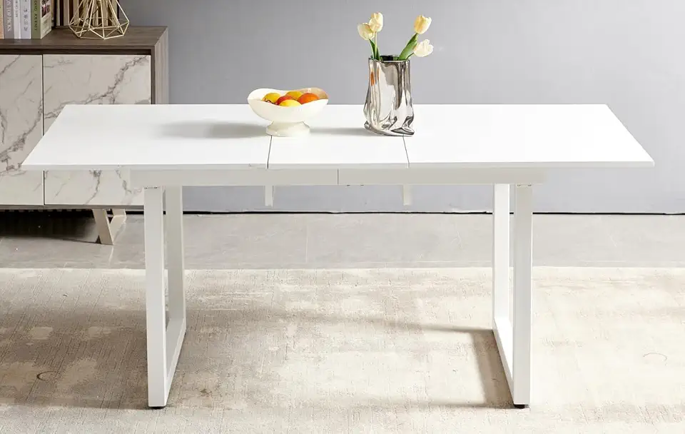 Extendable Dining Table Antique White Square 70.9in MDF Top Easy Clean Metal Legs Stable Adjustable Length Space Saving Modern Kitchen Living Room