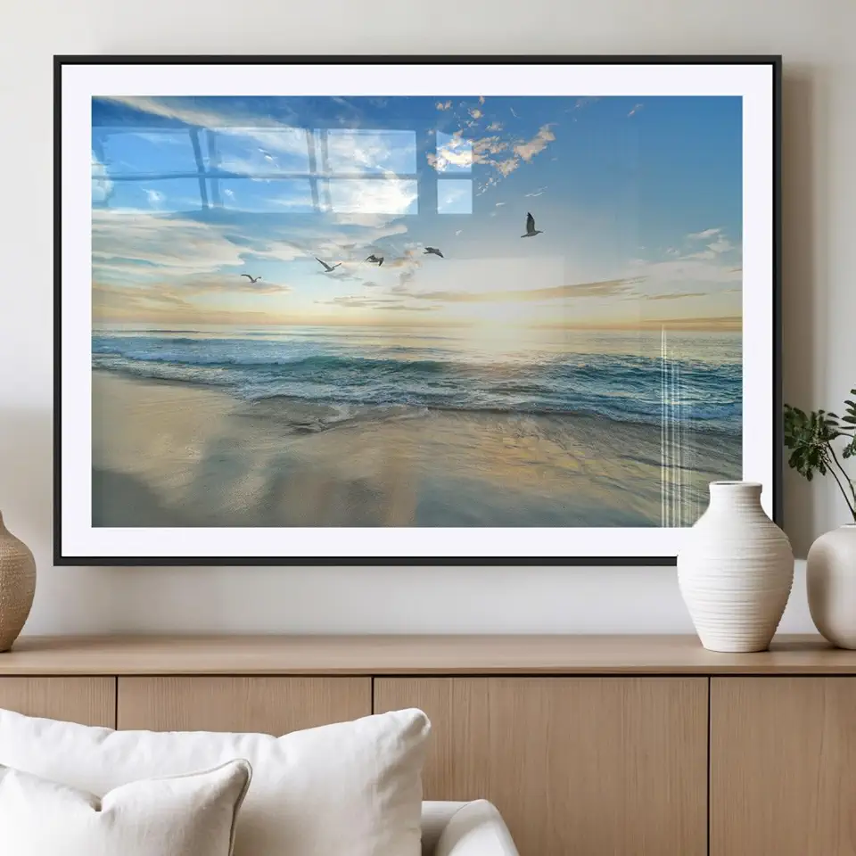 Sami Eymur Minimalist Seaside Wall Art Canvas Print – Morning Glow Golden Reflections Coastal Nature Artwork for Home, Office 3 Panel Canvas Print/Gallery Wrapped / 90
