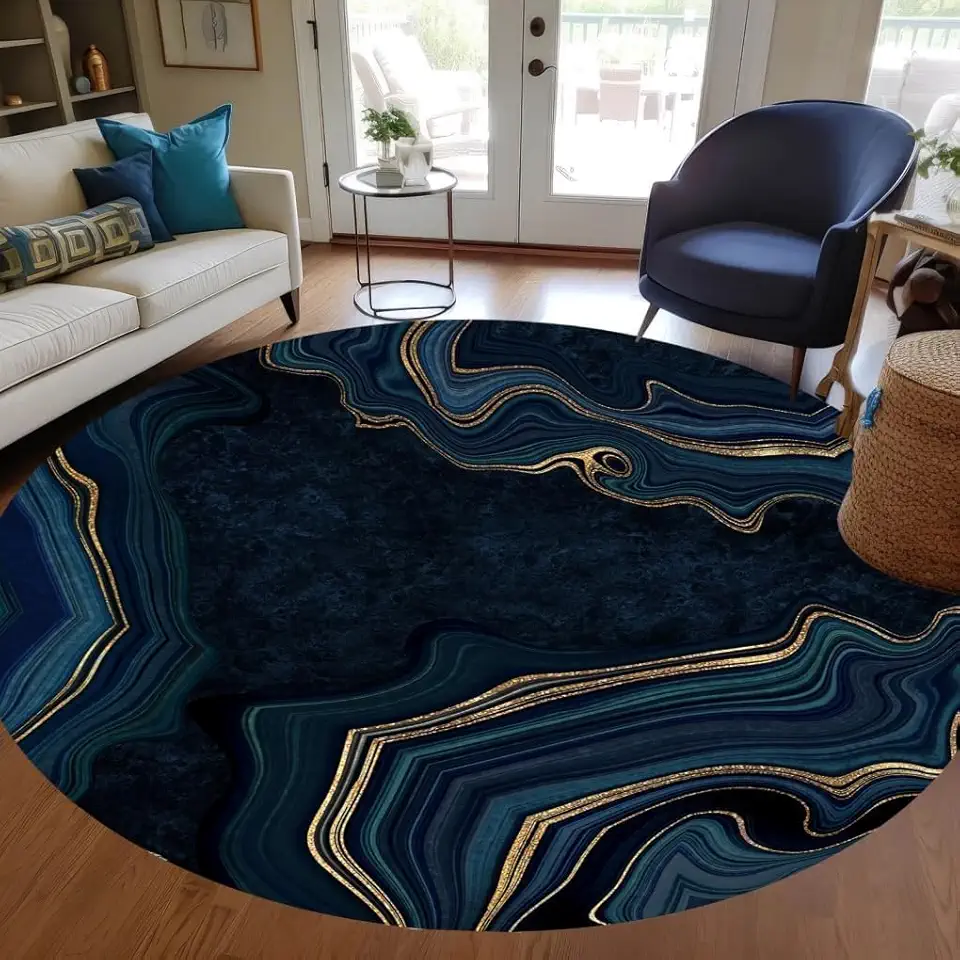 Navy Gold Modern Abstract Striped Texture Round Area Rugs 8ft Aesthetic Deco Circular Carpet for Living Room Guestroom Bedroom Washable Soft Circle Rug Under Dining Coffee Table Floor Runners