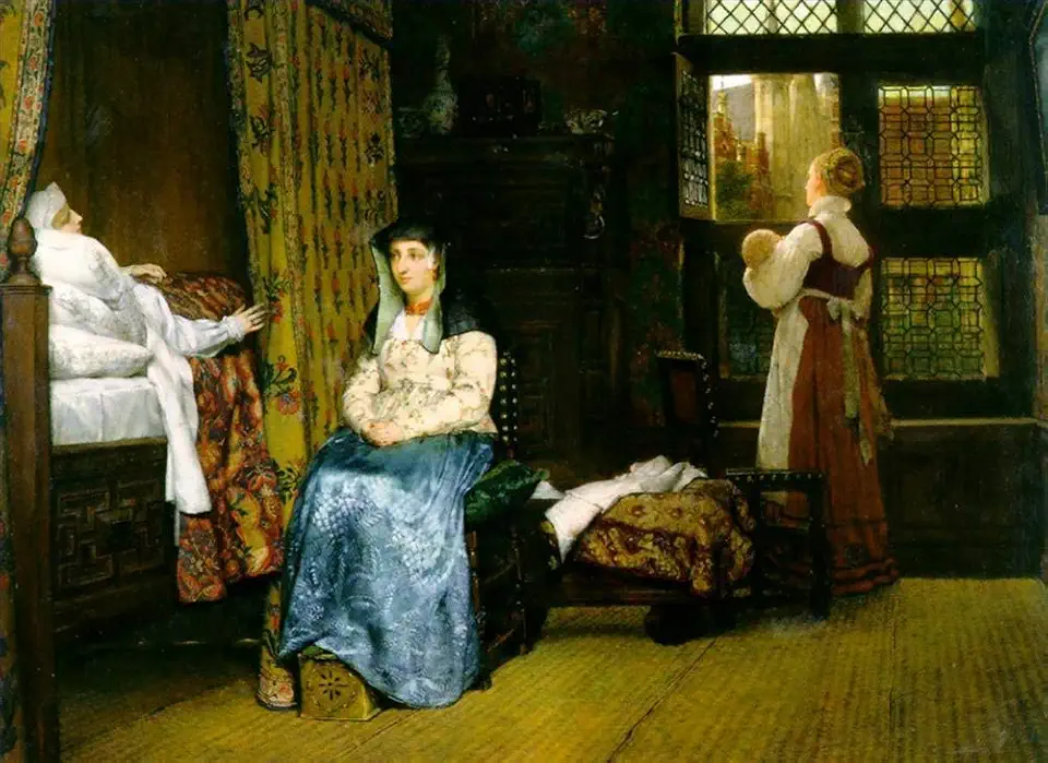 Toperfect 4 Paintings A Birth Chamber Romantic Sir Lawrence Alma Tadema Oil Art on Canvas - Famous Artworks -Size04, $50-$2000 Hand Painted by Art Academies' Teachers