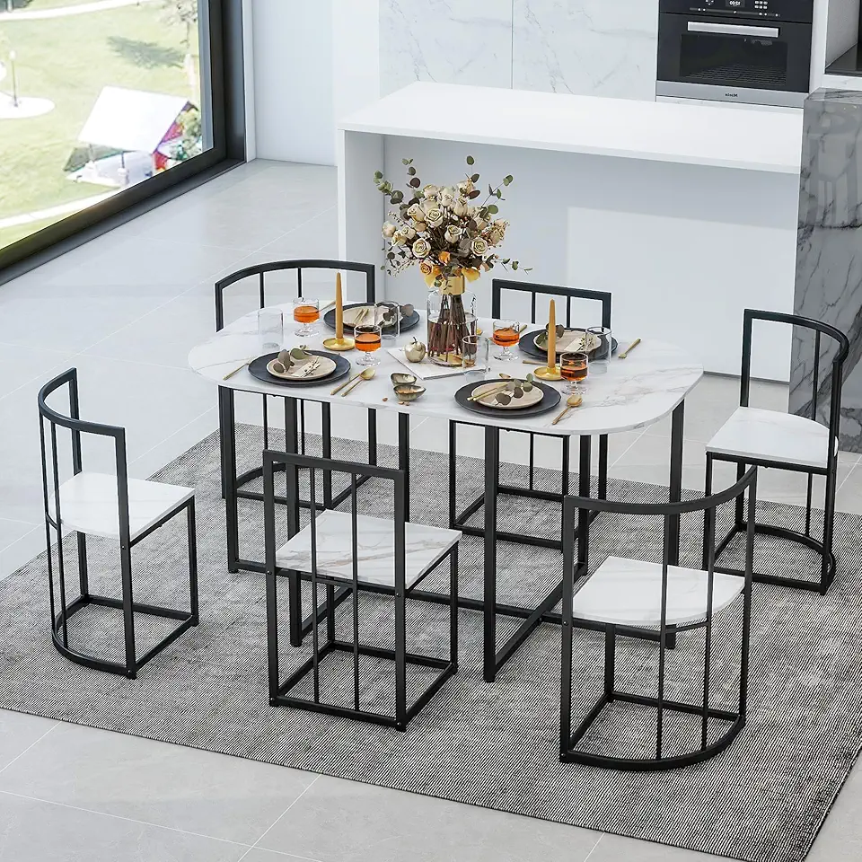 LZ LEISURE ZONE Dining Table Set, 7-Piece Dining Table and Chairs Set, Modern Dining Table Set with Faux Marble Compact Kitchen Table Set for 6, Black+White