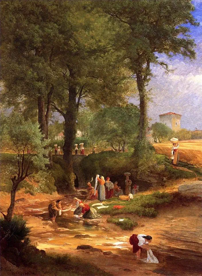 Toperfect Oil Painting Handmade $50-$2000 by College Teachers - 21 Famous Paintings - Washing Day near Perugia aka Italian Washerwomen landscape George Inness Art - Wall Painting on Canvas -Size1