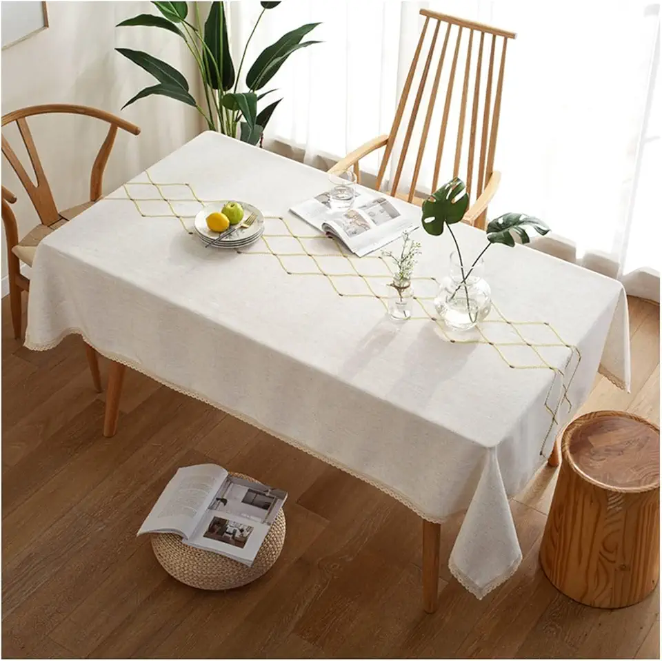 Beige Rectangular Tablecloth 140x180 cm (55x71 inches) Washable Polyester Linen Embroidered Diamond Pattern & Lace Edge Stylish Kitchen Dining Table Decor