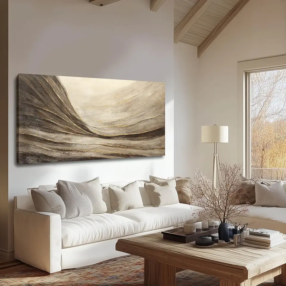 WINKAILIN Brown Wall Decor Abstract Wall Art Gold Line Painting Living Room Wall Decorations Dark Grey Photo Prints for Kitchen 24x48 Inch Textured Wall Art