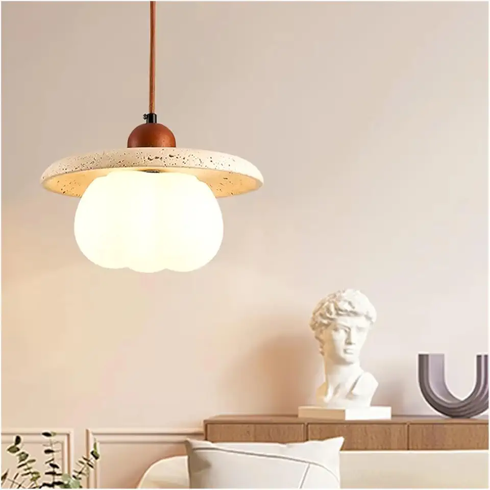 Brown Stone Pendant lamp Wooden Bedroom Bedside Creative Dining Table Bar Retro DecorHanging line LED Lighting Fixture ，Light Fixture(Three-Color Light)