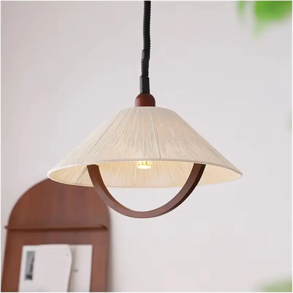 Vintage Adjustable Dining Room Pendant Lamp Japanese Woven Hemp Rope Wooden Art Dining Table Bedroom Study Lighting,Indoor Illumination