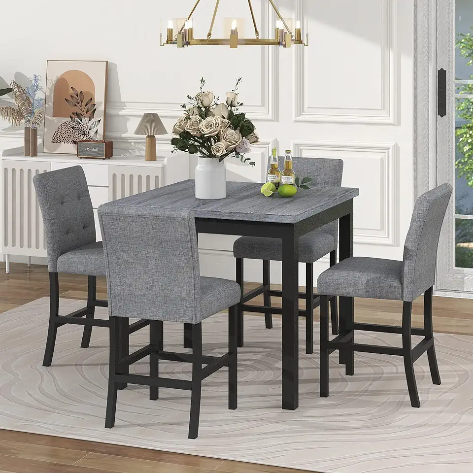 Sponsored Ad - Bellemave 5 Piece Counter Height Dining Table Set for 4 High Top Square Kitchen Table and Chairs Dinning Room Small Breakfast Table Set Pub Table and High-Back Chairs Set of 4.(Grey)