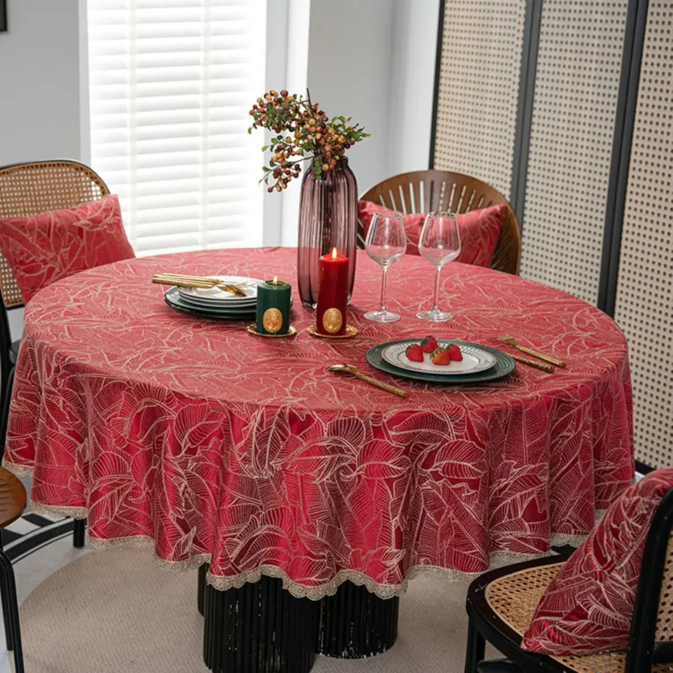 Tablecloths 135 cm, Round Tablecloth Clouds Jacquard with Lace Edge Polyester, Tablecloths Outdoor Easy Care for Kitchen, Dining Table, Coffee Table, Red(Leaves,200 cm)