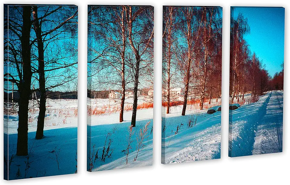 80 x 50 TOTAL - Winter Snow Road & Trees Canvas Print. 4 Panel Split, Wall Art