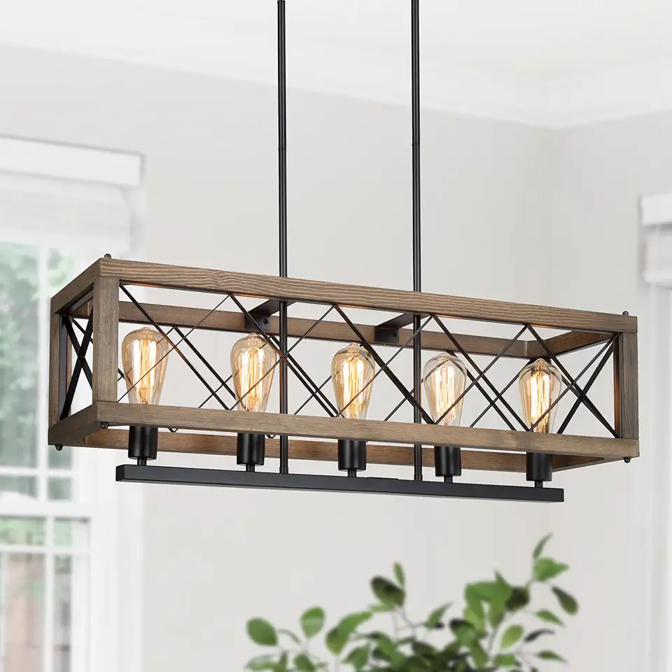 LOG BARN Farmhouse Chandeliers for Dining Room, 5-Light Rustic Rectangle Kitchen Island Lighting, 32'' Wood Rectangular Dining Room Chandelier Light Fixture Over Table