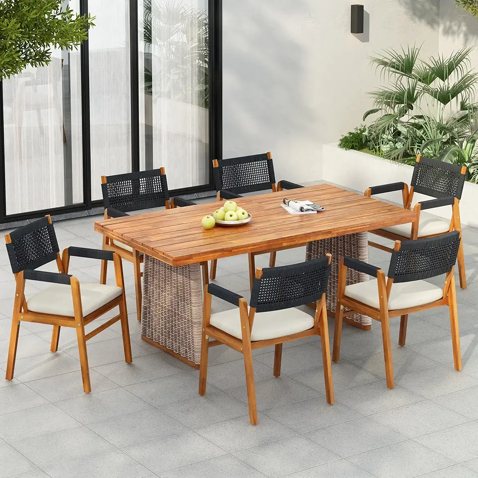 Christopher Knight Home Pasco Acacia Wood Outdoor Dining Table Set for 6, 7 Piece Wicker Patio Dining Set with Water-Resistant Cushion, Patio Table and Chairs Set with Rope Backrest, Black+Teak+Brown