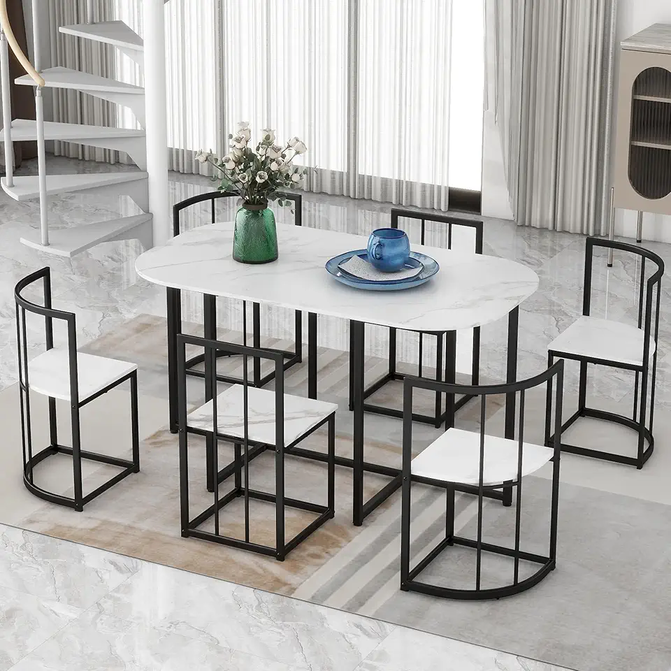 LUMISOL 7 Piece Faux Marble Dining Table Set with 6 Chairs, Metal Faux Marble Kitchen Table and 6 Chairs, Modern StyleBlack+White