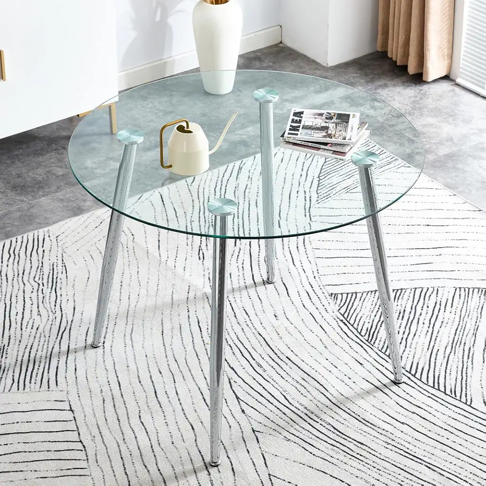 A Glass Tabletop with a Diameter of 40 inches and a Modern Minimalist Circular Dining Table with Gold Plated Metal Legs. (Transparent + Glass)