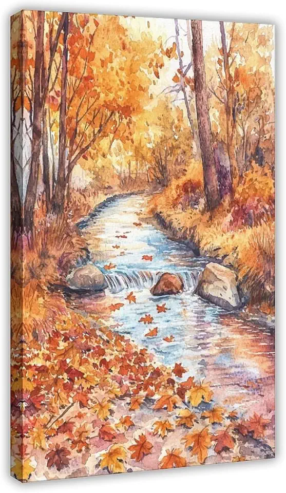 ZMLIS Watercolor Autumn Wall Art – Cozy Riverbank with Fall Leaves, Warm Seasonal Canvas Decor for Living Room & Bedroom Canvas Posters Wall Art Bedroom Office Room Decor Gift 20x30inch(50x75cm)