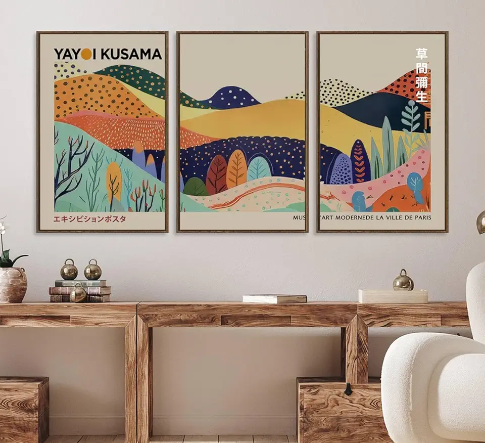 Wabi Sabi Aesthetic Kusama Wall Art – Vibrant Abstract Framed Print 3 Panel Floating Frame/Walnut / 90
