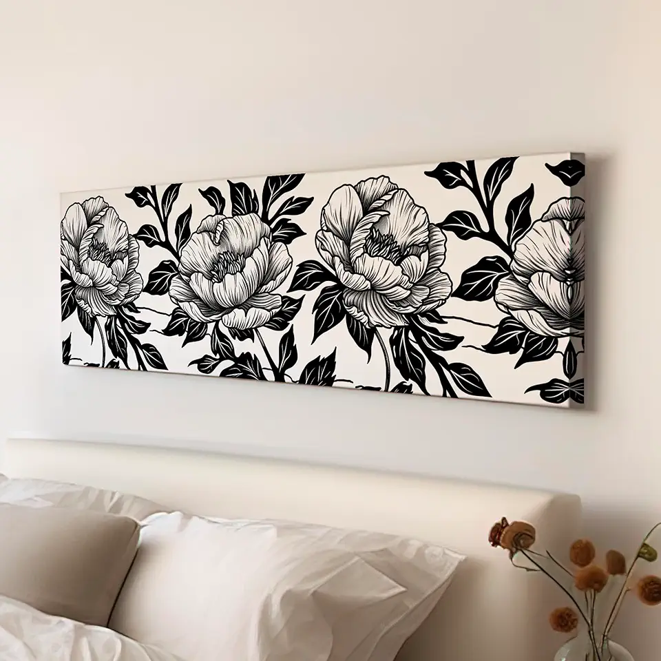 My Sweet Hideout Peony Linocut Above Bed Wall Art Baroque Bouquet, Panoramic Floral Canvas Print, Black And White Long Horizontal Canvas Art 30x90