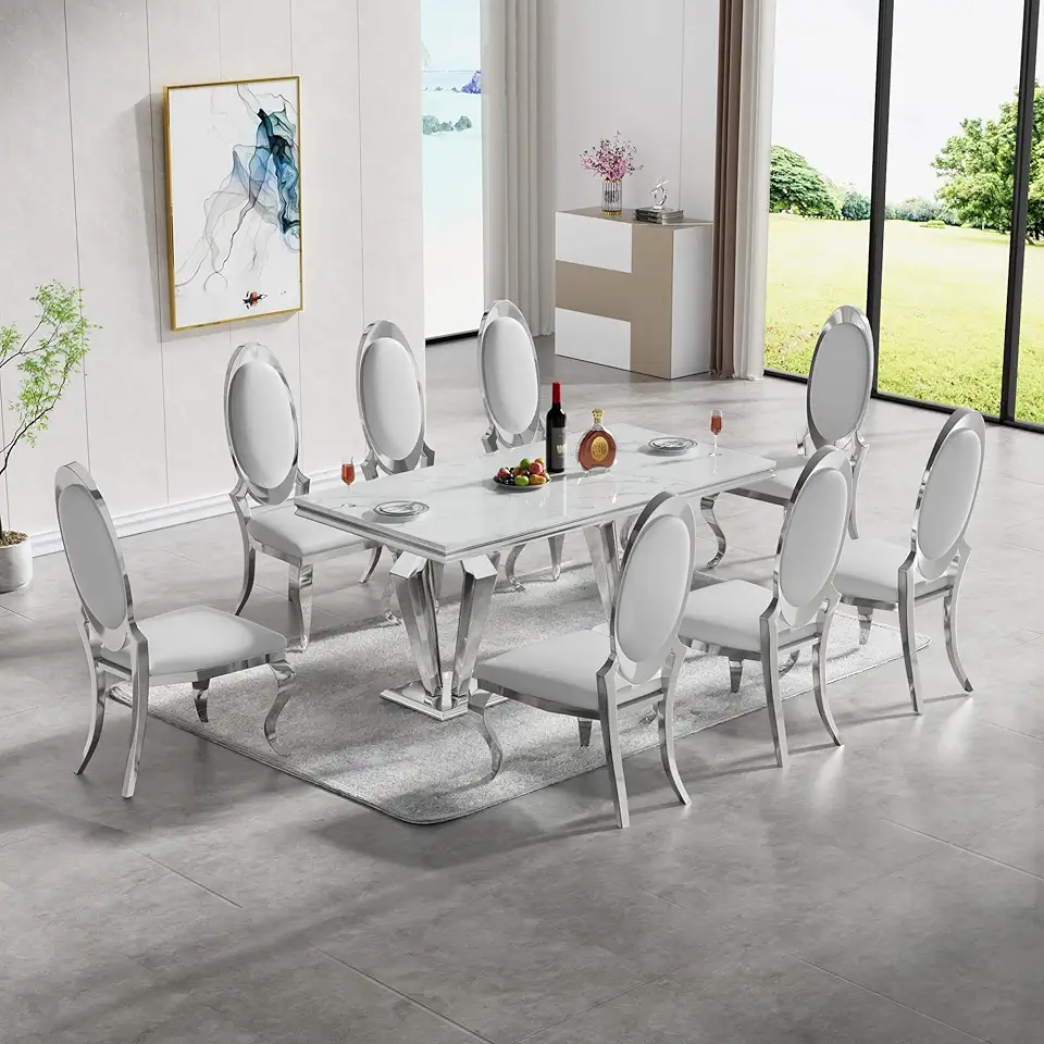 Luxury Marble Dining Table Set for 8, 9 Piece Faux Marble Kitchen Dining Room Table and 8 Leather Upholstered Chairs w/Oval Backrest Stainless Steel Legs,Modern Kitchen Dining Table and Chairs Set