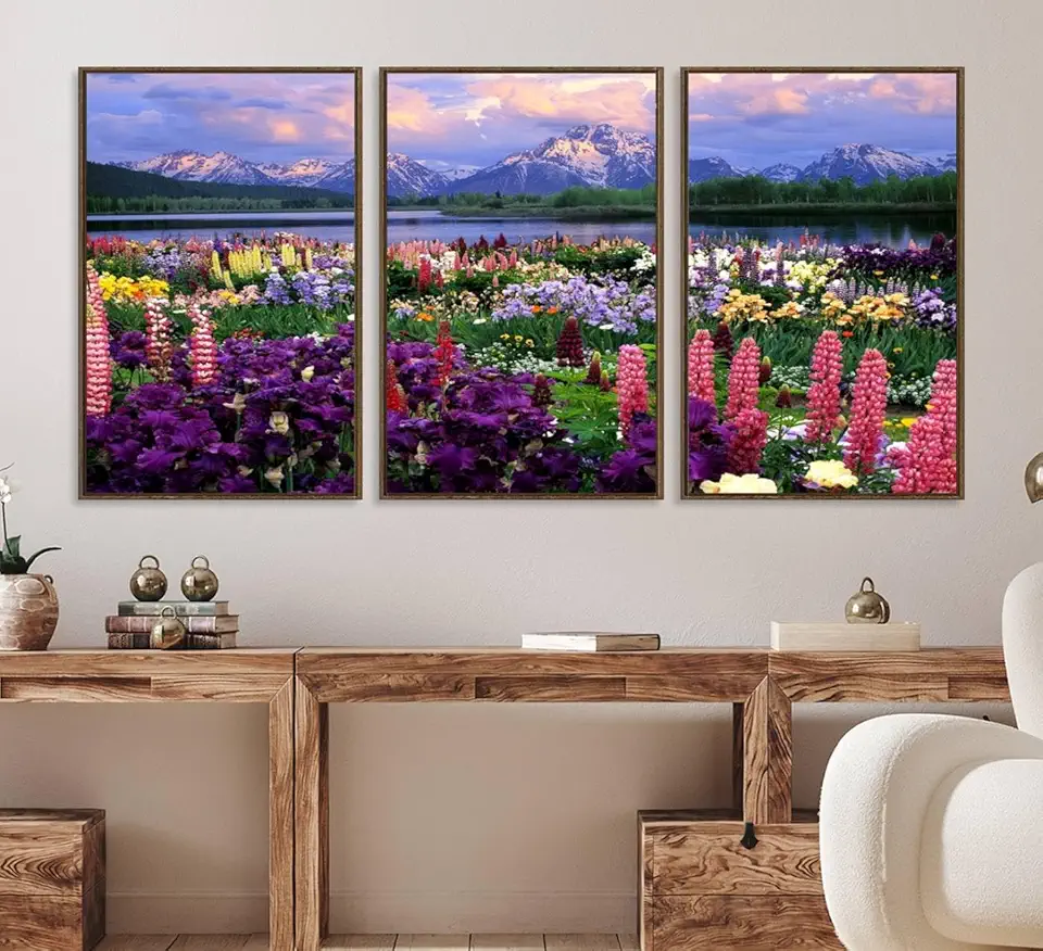 Sami Eymur Vibrant Wildflower Garden and Mountain View Giclee Canvas Print | Floral Wall Art for Living Room 3 Panel Floating Frame/Walnut / 90