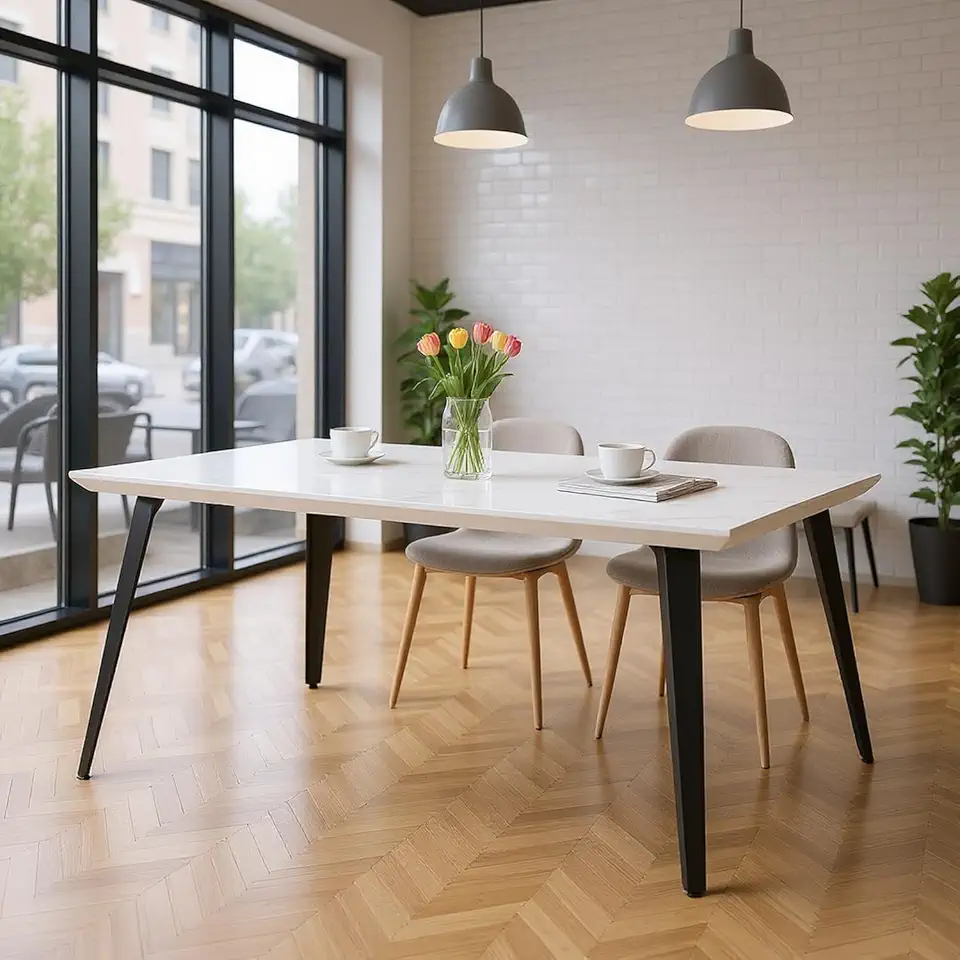 Homy Casa 63 Inch Rectangular Dining Table with Flat Iron Legs and Adjustable Feet, Modern Coffee Shop and Restaurant Table with MDF Top for Coffee Shop and Restaurant and Lounge (White Marble)