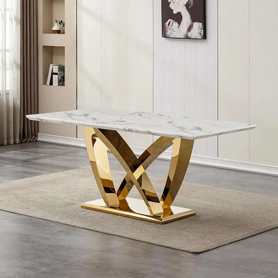 Faux Marble Rectangle Dining Table, Mirrored Finish and Stainless Steel Base, Modern Large Table for 6 People in Dining Area