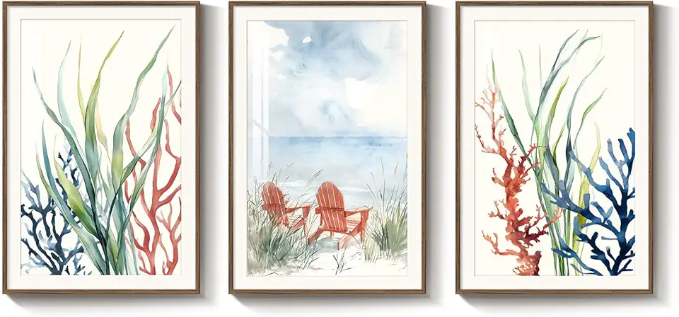 Framed Coastal Colorful Coral Wall Art for Living Room, 3 Piece Beach Ocean Seascape Artwork for Walls, Large Watercolor Marine Plants Pictures Prints for Bedroom Hallway Kitchen Wall Decor, 16x24 In