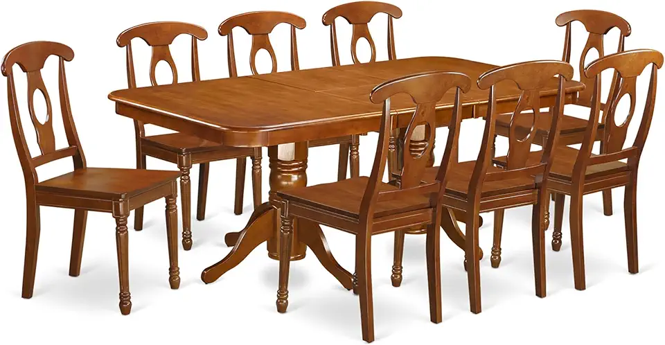 East West Furniture NANA9-SBR-W 9 Piece Kitchen Table & Chairs Set Includes a Rectangle Dining Room Table with Butterfly Leaf and 8 Solid Wood Seat Chairs, 40x78 Inch, Saddle Brown
