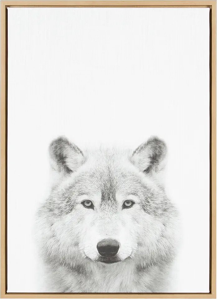 Kate and Laurel Sylvie Wolf Animal Print Black and White Portrait Framed Canvas Wall Art by Simon Te Tai, 23x33 Natural